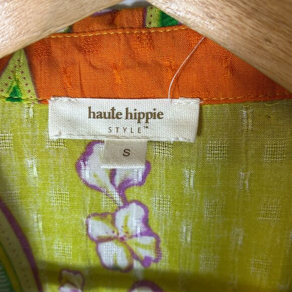 Haute Hippie Green Orange Orchid Floral Print Collared LS Cropped Wrap Top Sz S - Picture 5 of 16